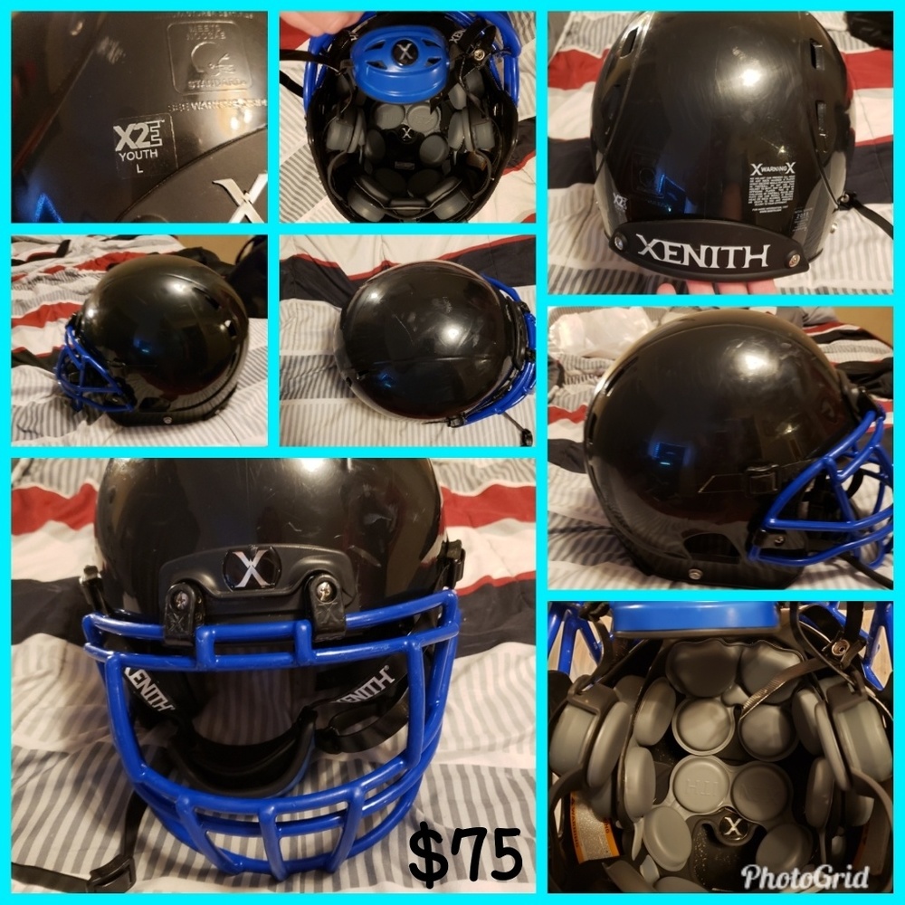 Football helmet, shoulder pads, and pants